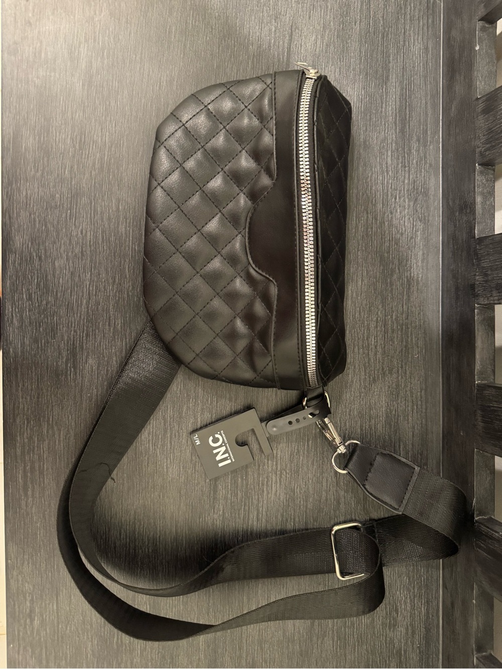 INC International Concepts Black Quilted Belt Bag with Silver Hardware